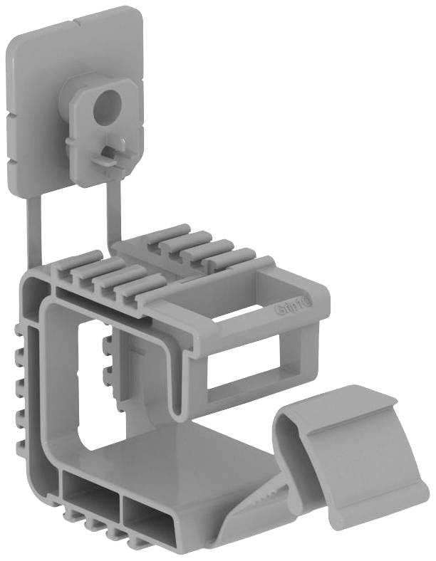 Support de câbles en plastique gris avec un cadre carré et plusieurs éléments de fixation, adapté à l'organisation des câbles et à la fixation murale.