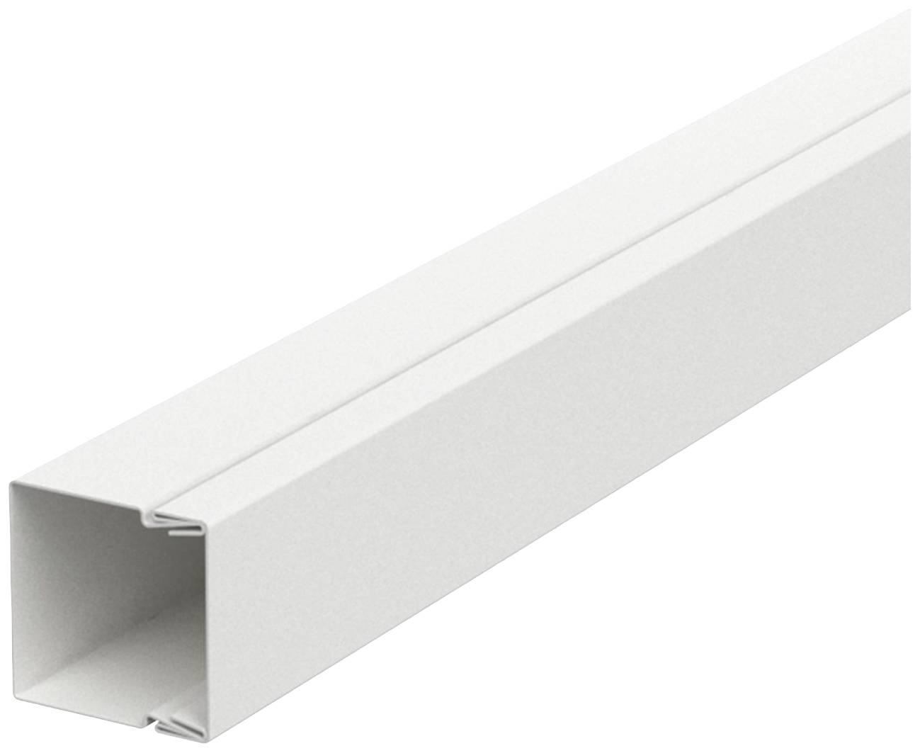 Un conduit de câbles en plastique blanc de forme carrée, adapté pour le rangement ordonné des câbles le long des murs.