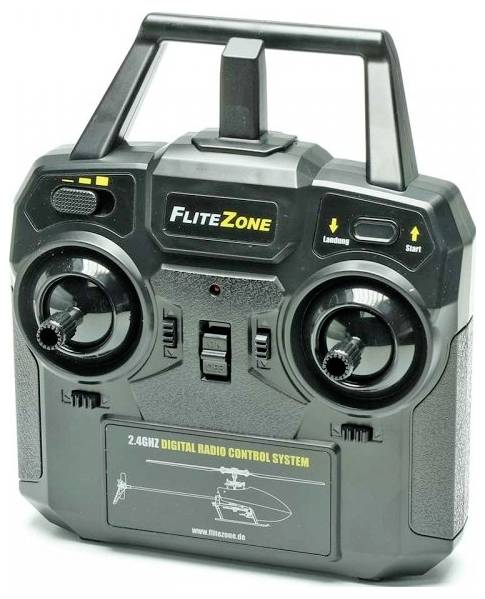 Télécommande avec poignée, deux joysticks et interrupteur basculant. Le panneau de contrôle affiche 'FliteZone' et 'Système de Radiocommande Numérique 2.4GHz'.