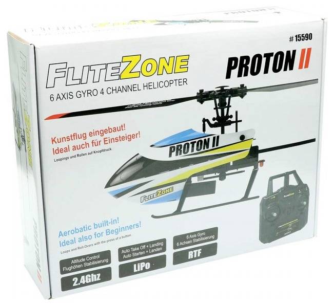 Emballage d'un hélicoptère télécommandé 'Proton II' pour débutants, avec capteur gyroscopique à 6 axes et 4 canaux. Télécommande incluse.