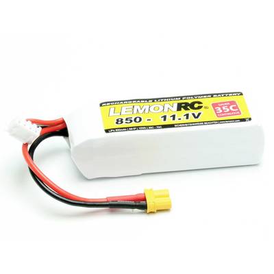 Batterie Lithium-Polymère blanche avec connecteur jaune, étiquette 'LEMON RC 850 - 11,1V', adaptée pour la modélisme avec un courant de décharge de 35C.
