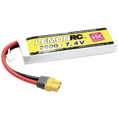 Batterie Lithium-Polymère avec étiquette jaune 'LemonRC 2600 - 7.4V', câble rouge et noir, connecteur jaune, assurant un courant permanent de 35C.
