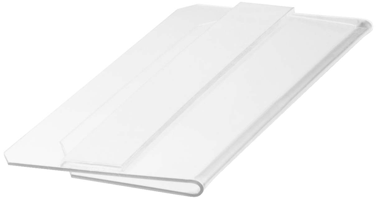 Support en plastique clair, plat et rectangulaire, possiblement utilisé pour la présentation ou la protection de documents et de papiers.