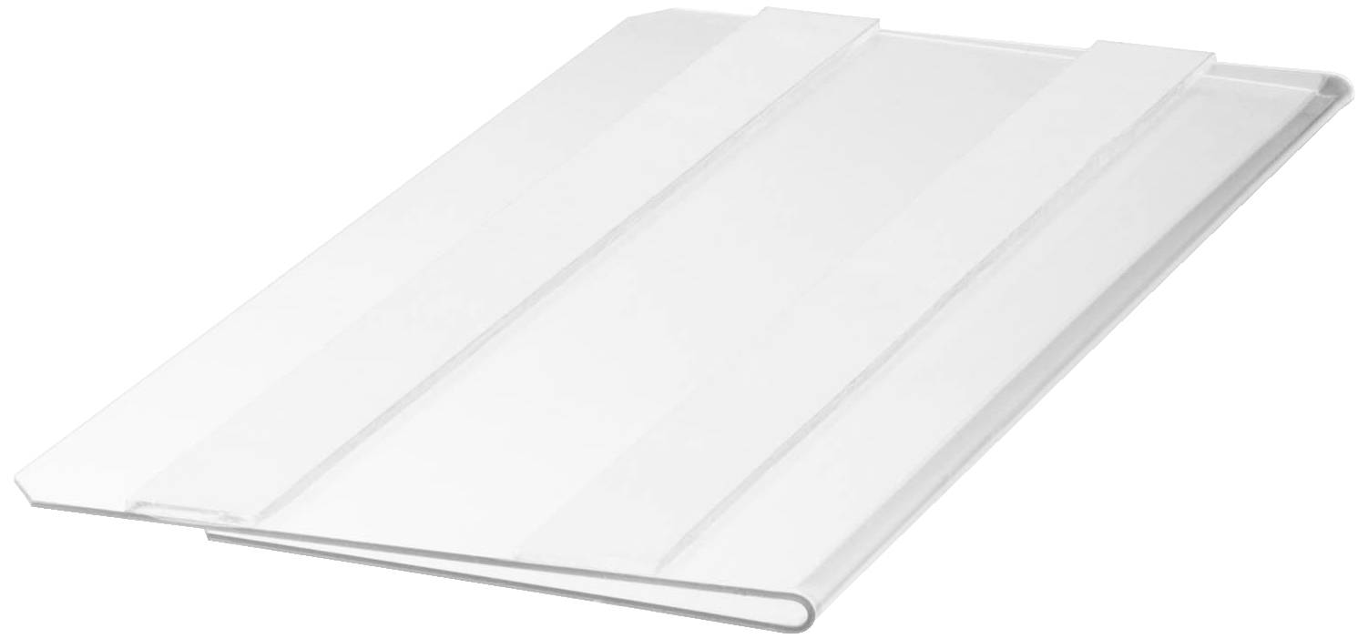 Pochette transparente en plastique, légèrement ouverte, posée sur une surface blanche.