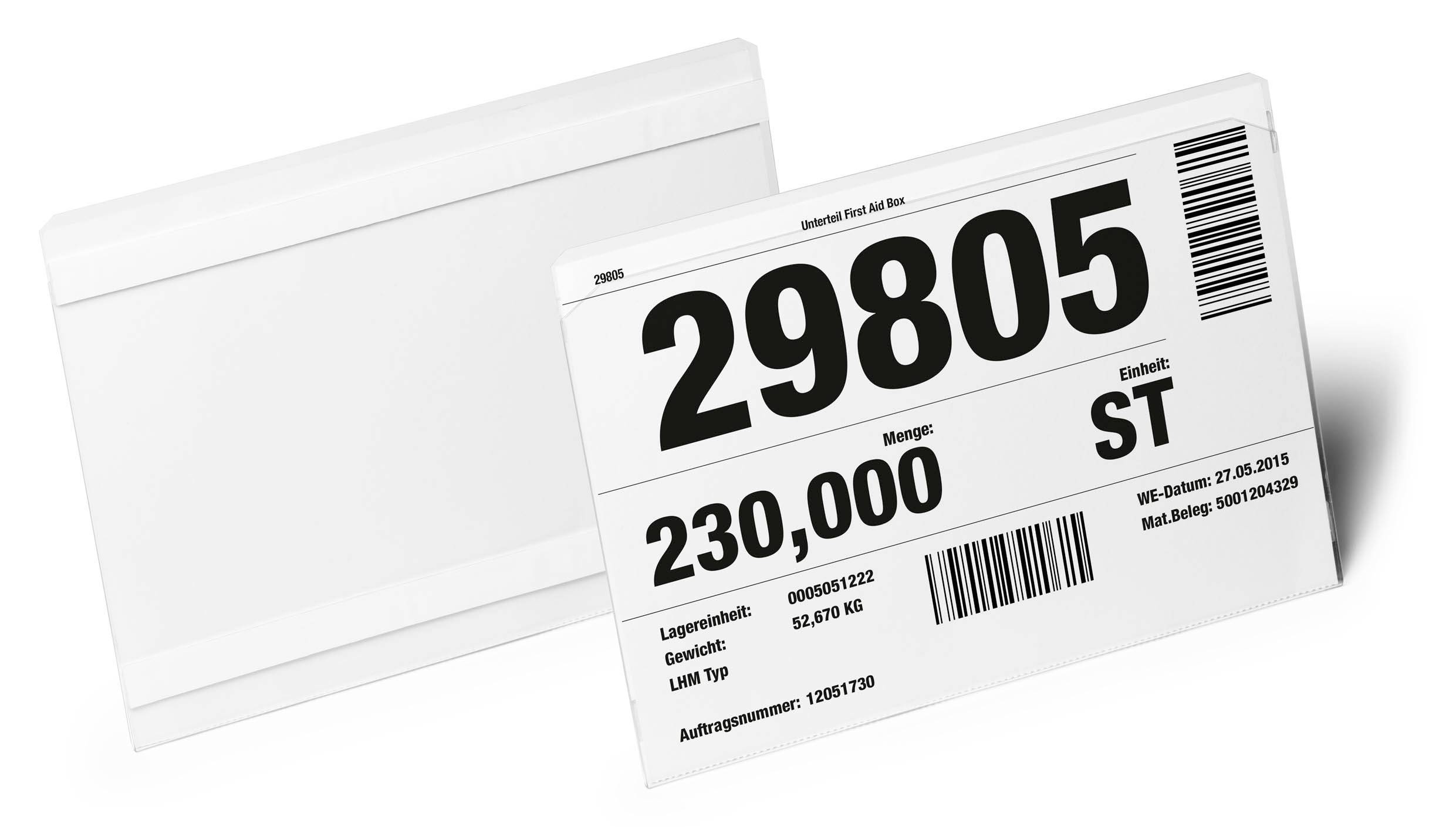 Étiquette portant le numéro '29805', quantité '230.000 pièces'. Contient un code-barres, la date de production et plusieurs autres données techniques.