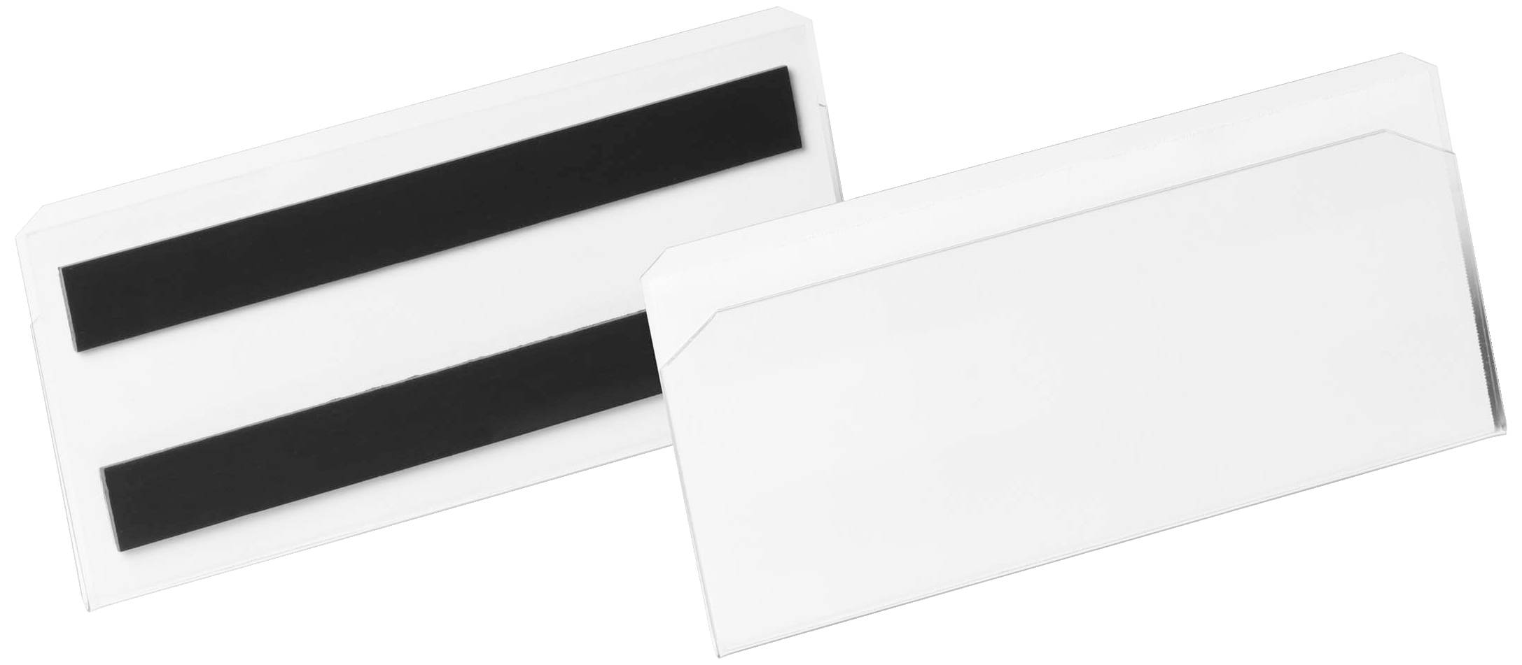 Deux supports d'étiquettes magnétiques blancs, l'un avec une bande noire, l'autre uni, pour organiser des étagères ou des armoires.
