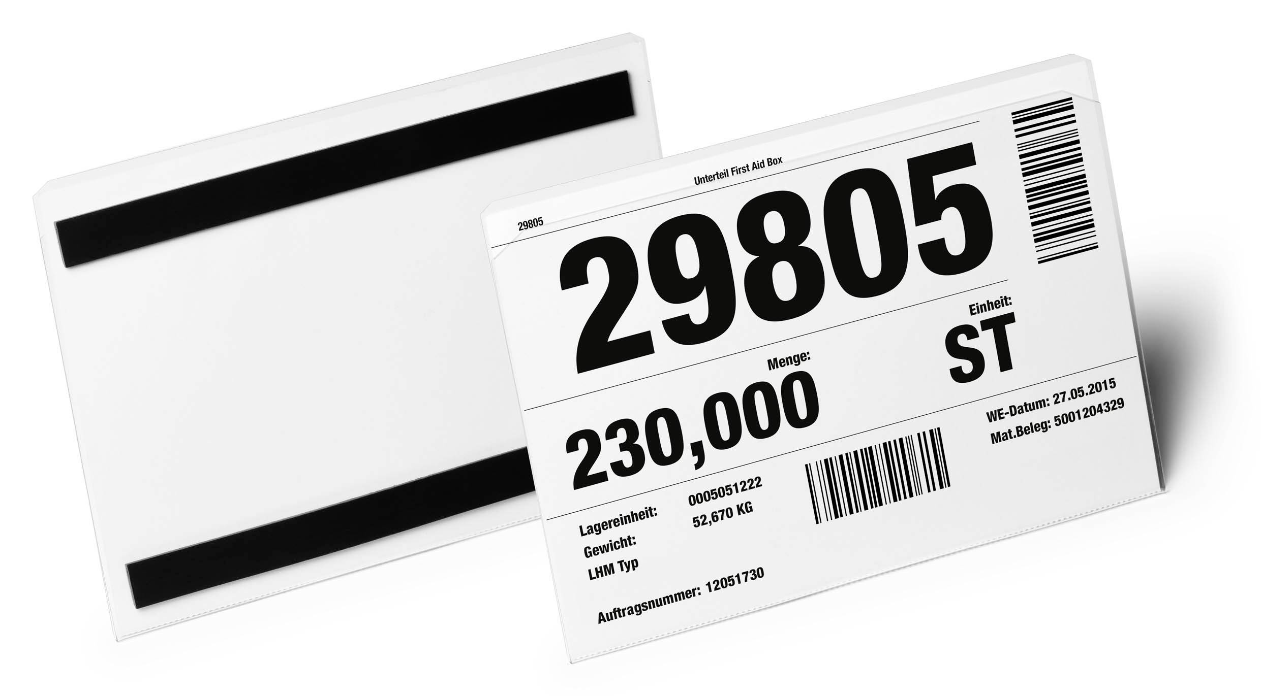 Étiquette portant le numéro '29805', quantité '230 000 PCS' et code-barres. Informations incluant la date de livraison, le poids et les dimensions.