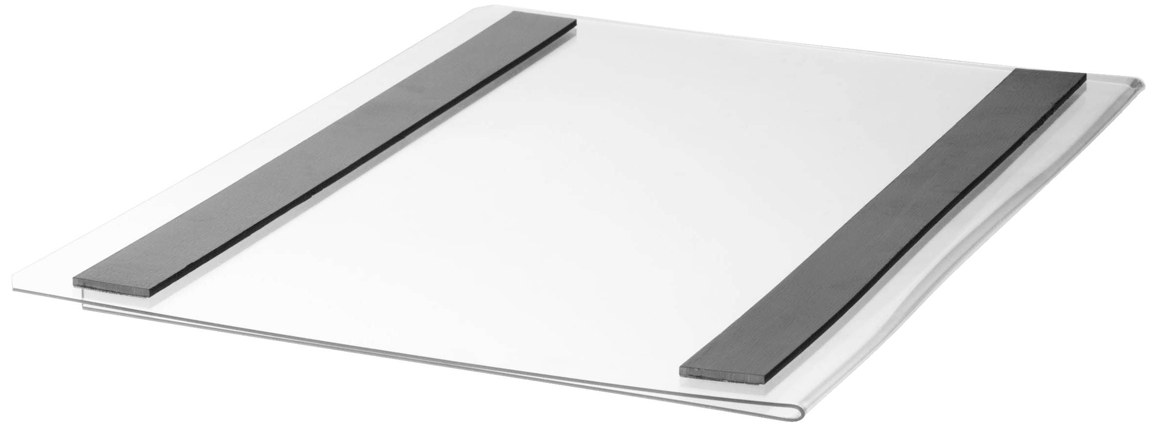 Un plateau en plastique transparent avec deux bandes noires.