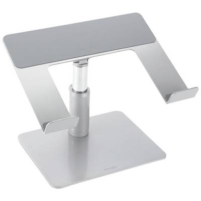 Un support pour ordinateur portable en argent avec une hauteur réglable et une base large pour plus de stabilité. Idéal pour une conception ergonomique du poste de travail.