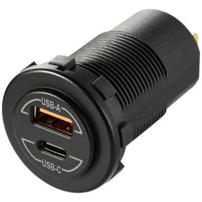 Une prise USB-A et USB-C ronde, noire, avec un boîtier texturé, adaptée pour l'intégration dans des dispositifs techniques.