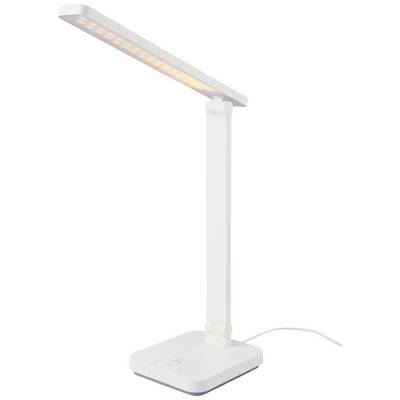 Une lampe de bureau blanche à LED avec bras articulé et socle rectangulaire. Économe en énergie et au design moderne.
