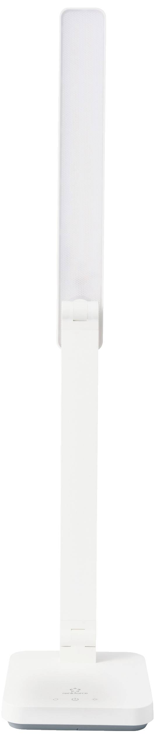 Lampe de table blanche, étroite, avec un long bras lumineux vertical et un socle carré. Design minimaliste, orientée verticalement.