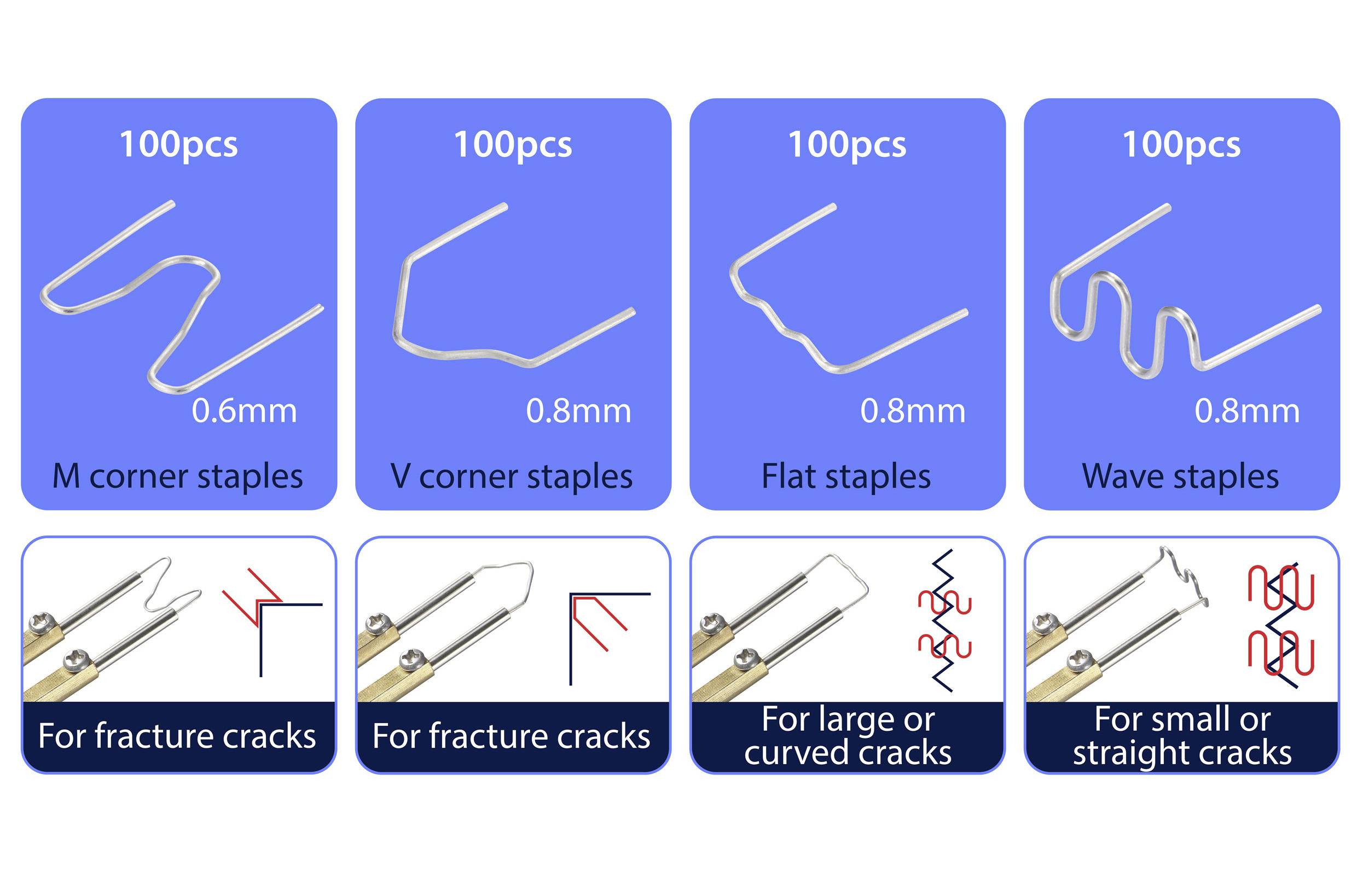 Différents types de réparation de fissures : 'Angle en M', 'Angle en V', 'Plat', 'Forme ondulée'. Adaptés aux fissures de rupture et aux fissures courbes.