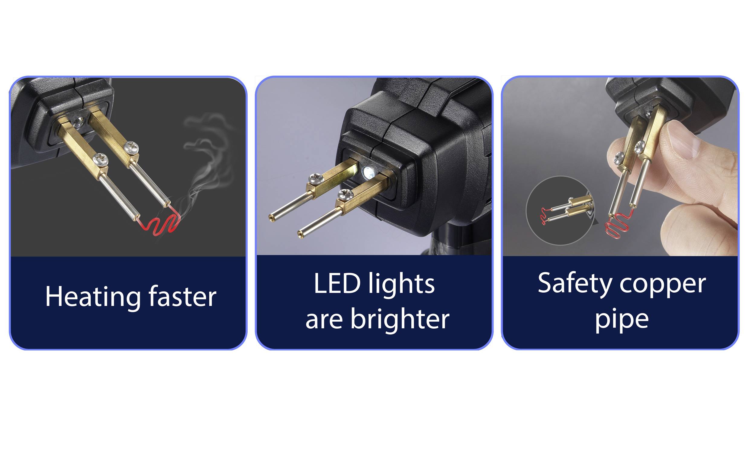 'Trois images d'un appareil de chauffage : 1. Chauffage plus rapide. 2. LEDs plus lumineuses. 3. Tubes de cuivre sécurisés.'