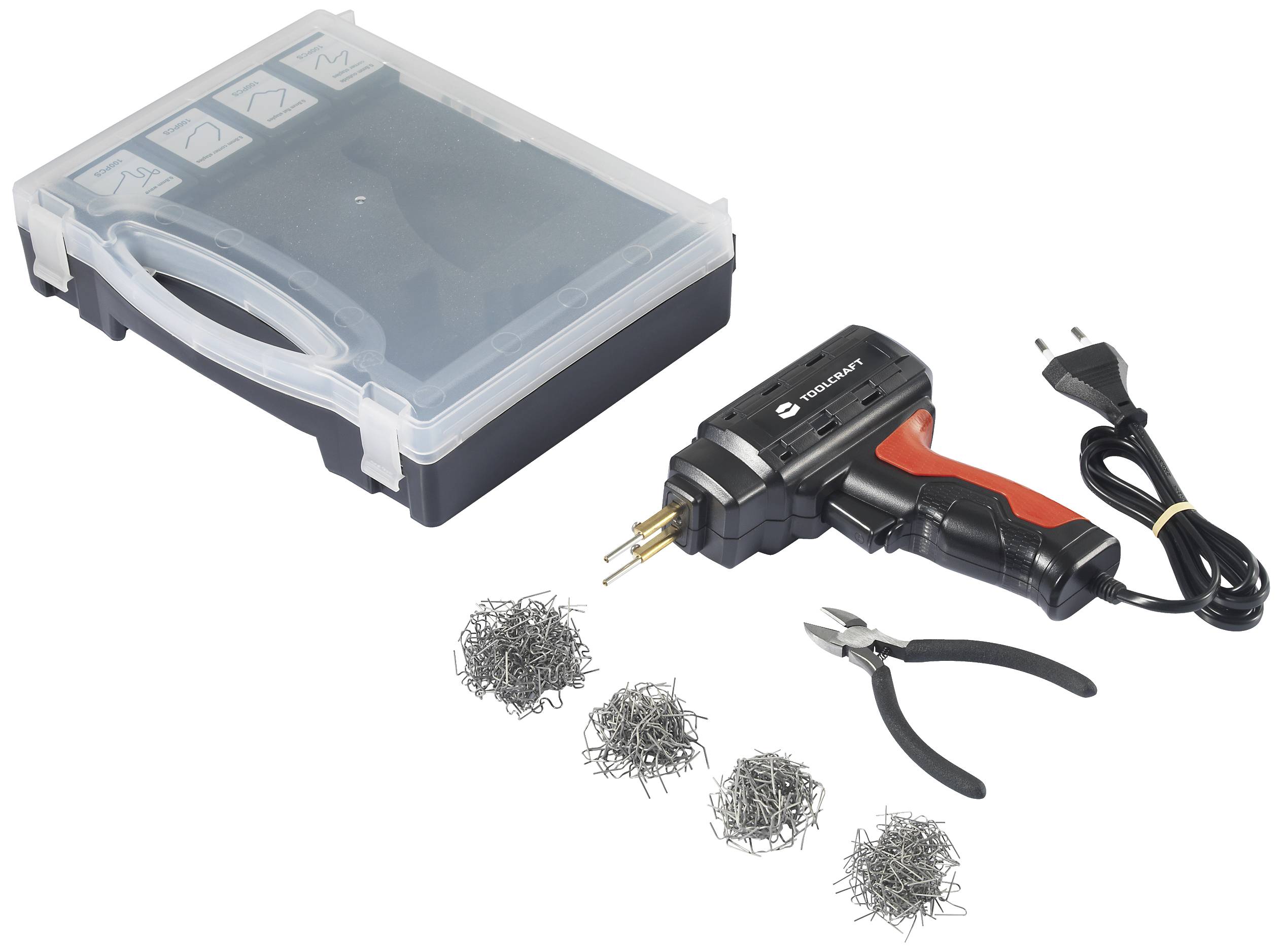 Kit de réparation de plastique : Comprend un appareil de soudure pour plastique, une mallette, des morceaux de fil et une pince. Idéal pour les travaux de réparation.