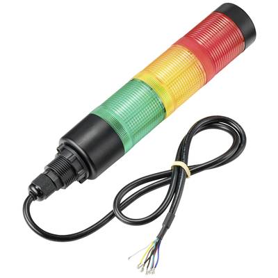 Une lampe de signalisation tricolore en rouge, jaune et vert, avec des câbles de connexion électrique. Elle signale différents états de fonctionnement.