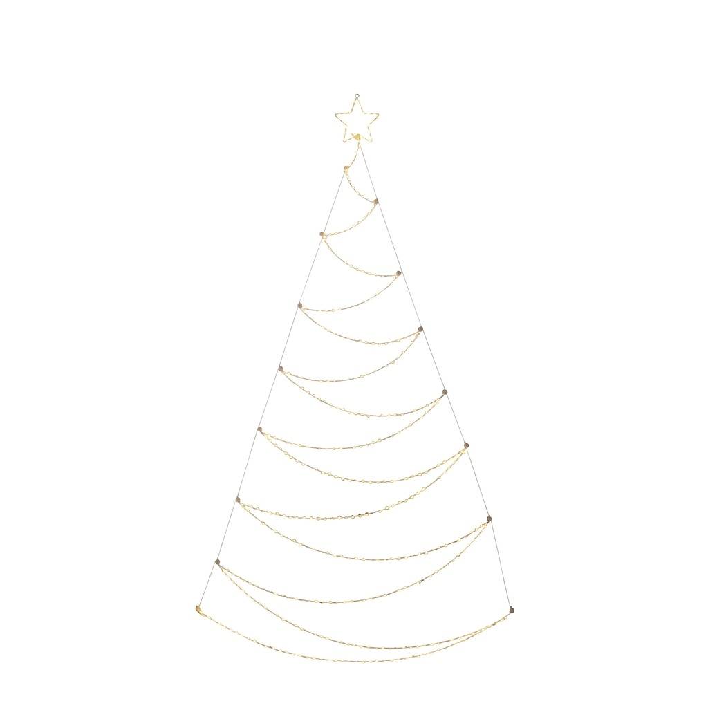 Un sapin de Noël minimaliste composé de lignes dorées arquées, surmonté d'une étoile, sur un fond blanc.