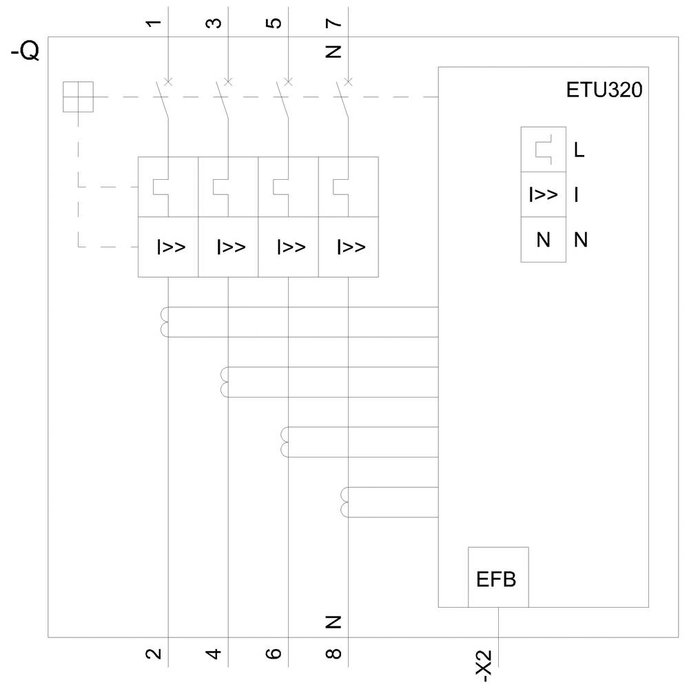 Diagramme d'un circuit électrique avec ETU320. Montre les positions des interrupteurs (1-7), les étiquettes pertinentes et les connexions. En haut à gauche : un petit carré ; en bas à droite : marqué EFB.