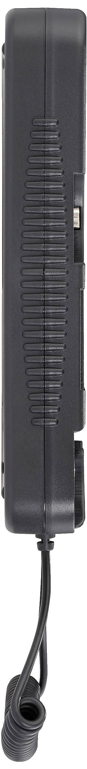 Appareil électrique gris et noir avec une connexion de câble en bas. La vue latérale révèle un design nervuré et un bouton.