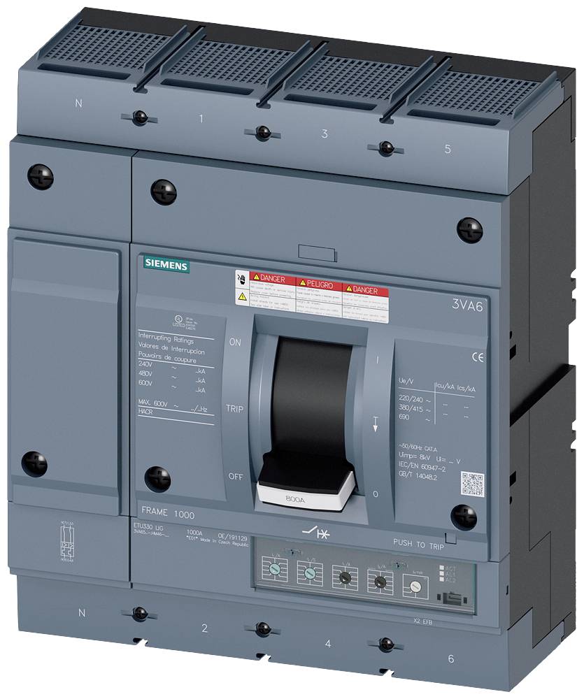 Un disjoncteur Siemens 3VA6 bleu avec le levier en position 'ON'. Étiquettes et avertissements sur le boîtier.