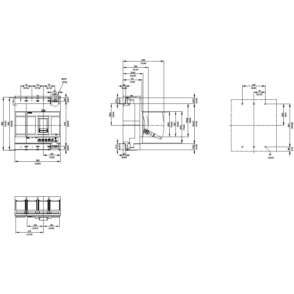 Dessin technique d'une machine avec trois vues : vue de face, vue latérale et vue de dessus. Les détails des dimensions sont indiqués.