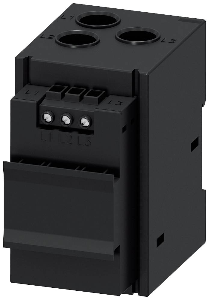 Un bloc de raccordement électrique noir avec trois ouvertures d'entrée en haut, marquées 'L1', 'L2', 'L3' pour les connexions de câbles.