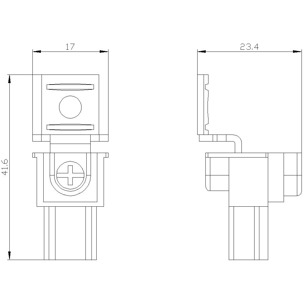 Dessin technique d'une machine avec dimensions : Hauteur 41,6, Largeur 23,4 et 17. Présente une vue de face et une vue latérale.