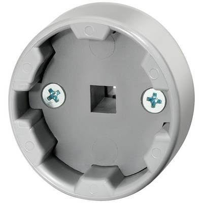 Un support en plastique gris rond, doté de trous de vis et présentant une découpe rectangulaire au centre.
