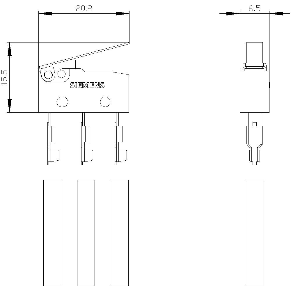 Dessin technique d'un interrupteur avec dimensions : largeur 20,2 mm, hauteur 15,5 mm ; la vue latérale montre une largeur de 6,5 mm.