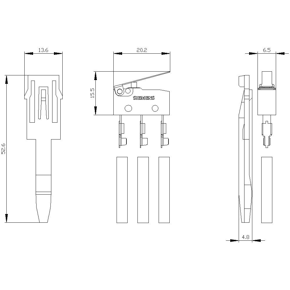 Dessin technique d'un interrupteur électrique avec dimensions : largeur 13,6 mm, hauteur 20,2 mm, profondeur 6,5 mm. Comprend des points de montage et des connexions.