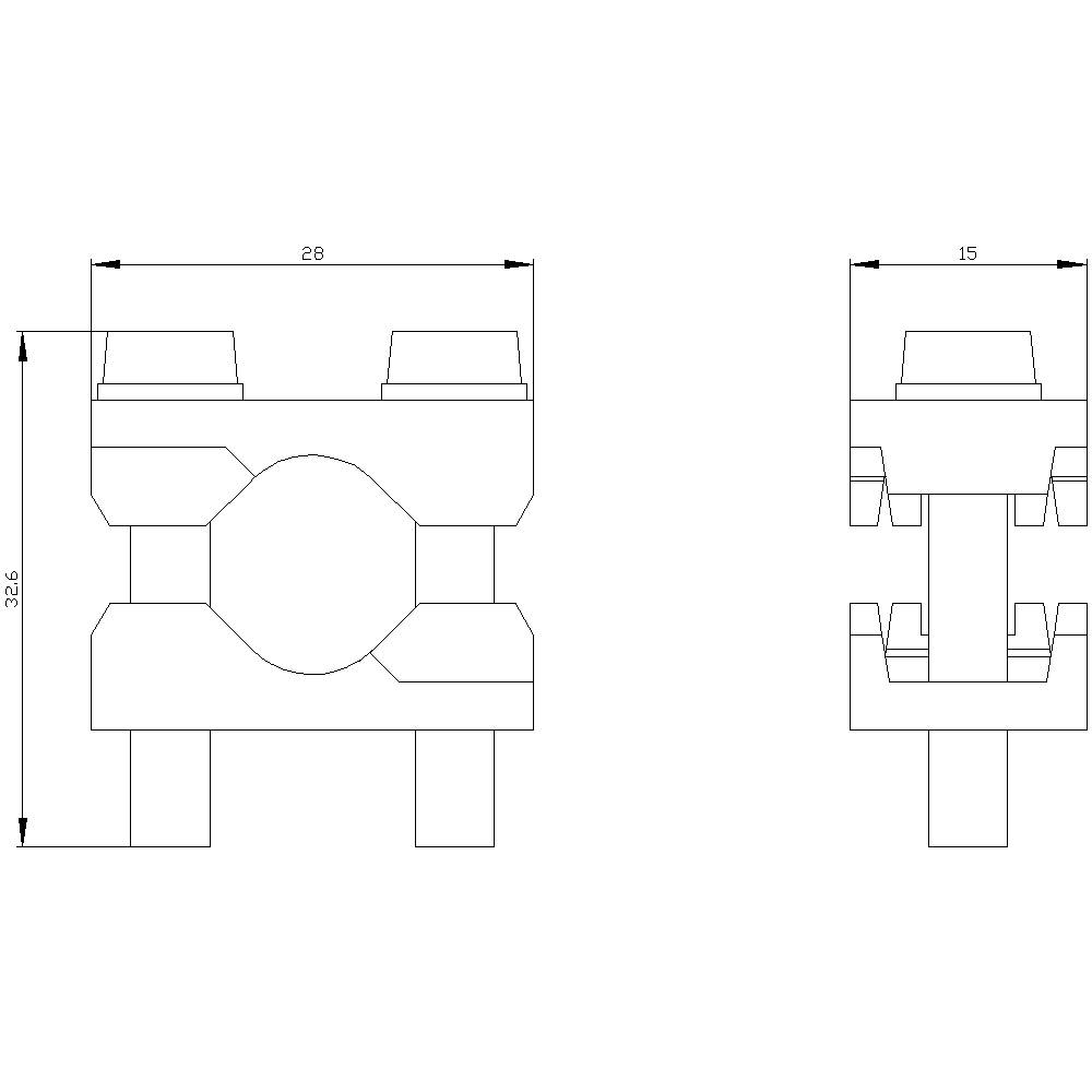 Dessin technique d'un composant mécanique avec dimensions : Largeur gauche 28, Hauteur 32,6 ; Largeur droite 15. Vue de face et vue latérale.