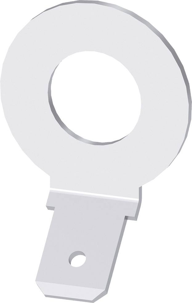 Un cosse de câble annulaire argenté avec embout plat, utilisé pour la connexion électrique et la mise à la terre.