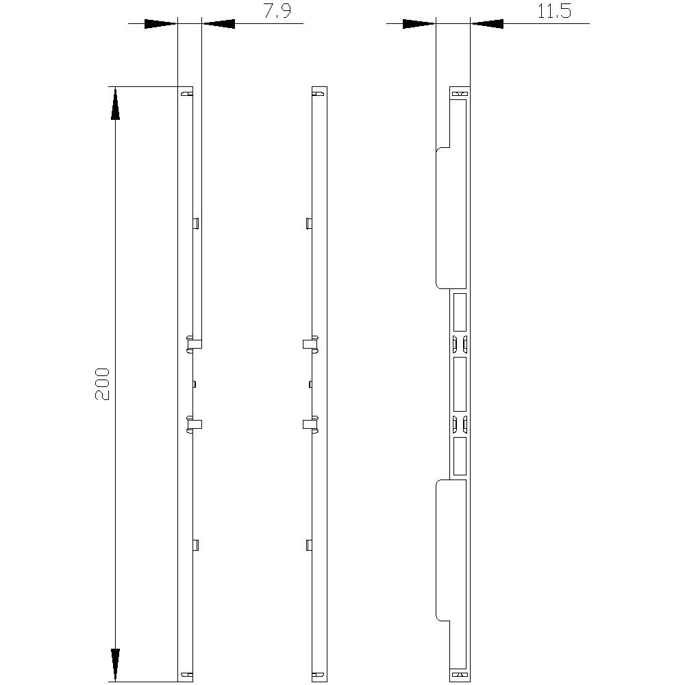 Dessin technique d'une plaque rectangulaire, vue de côté avec dimensions : hauteur 200, largeur 7,9 à gauche, 11,5 à droite.