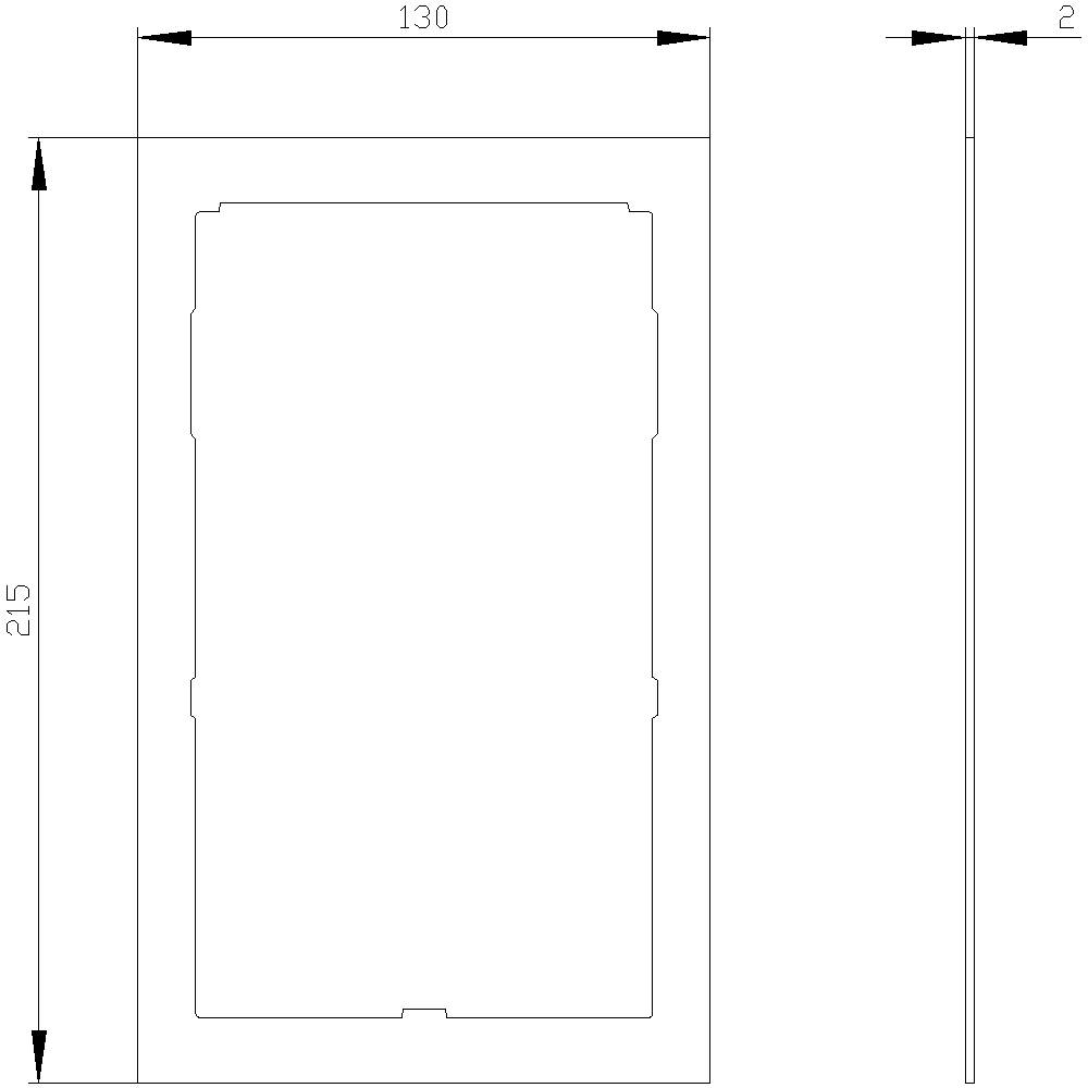 Dessin technique d'un objet rectangulaire avec dimensions : 130 mm de largeur, 215 mm de hauteur, 2 mm de profondeur. Vue de dessus et vue latérale.