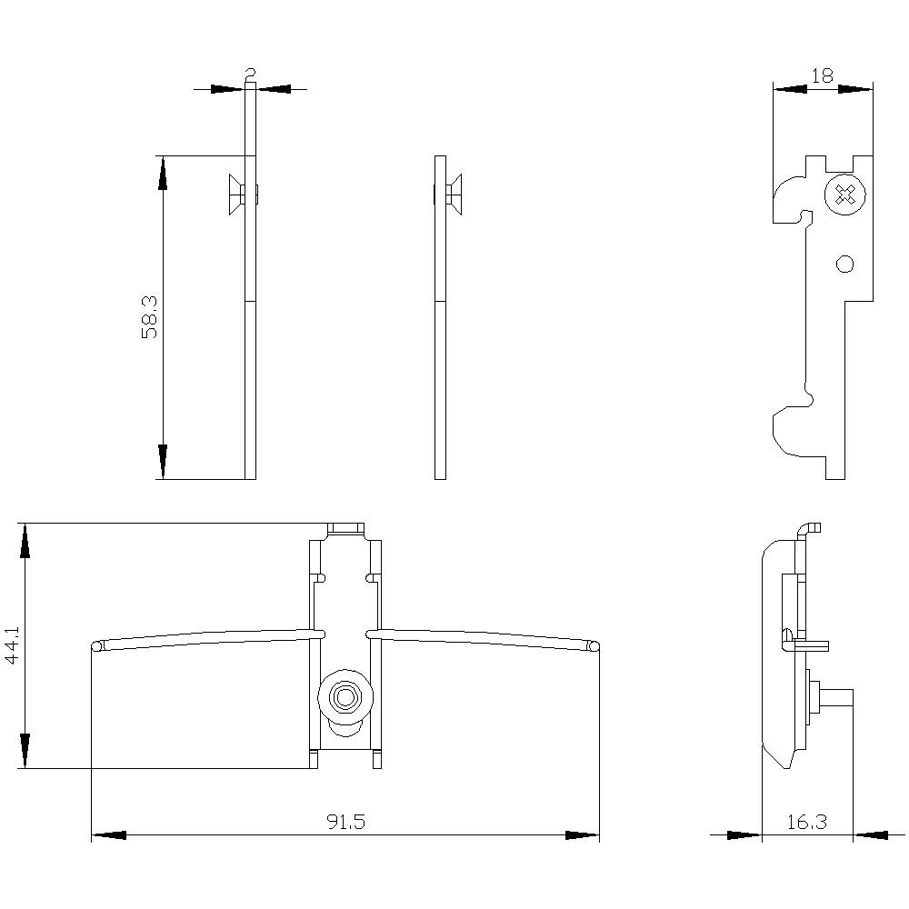 Dessin technique d'une poignée de vis avec dimensions en millimètres : 58,3 longueur, 91,5 largeur, 18 hauteur ; détails supplémentaires sur le bord.