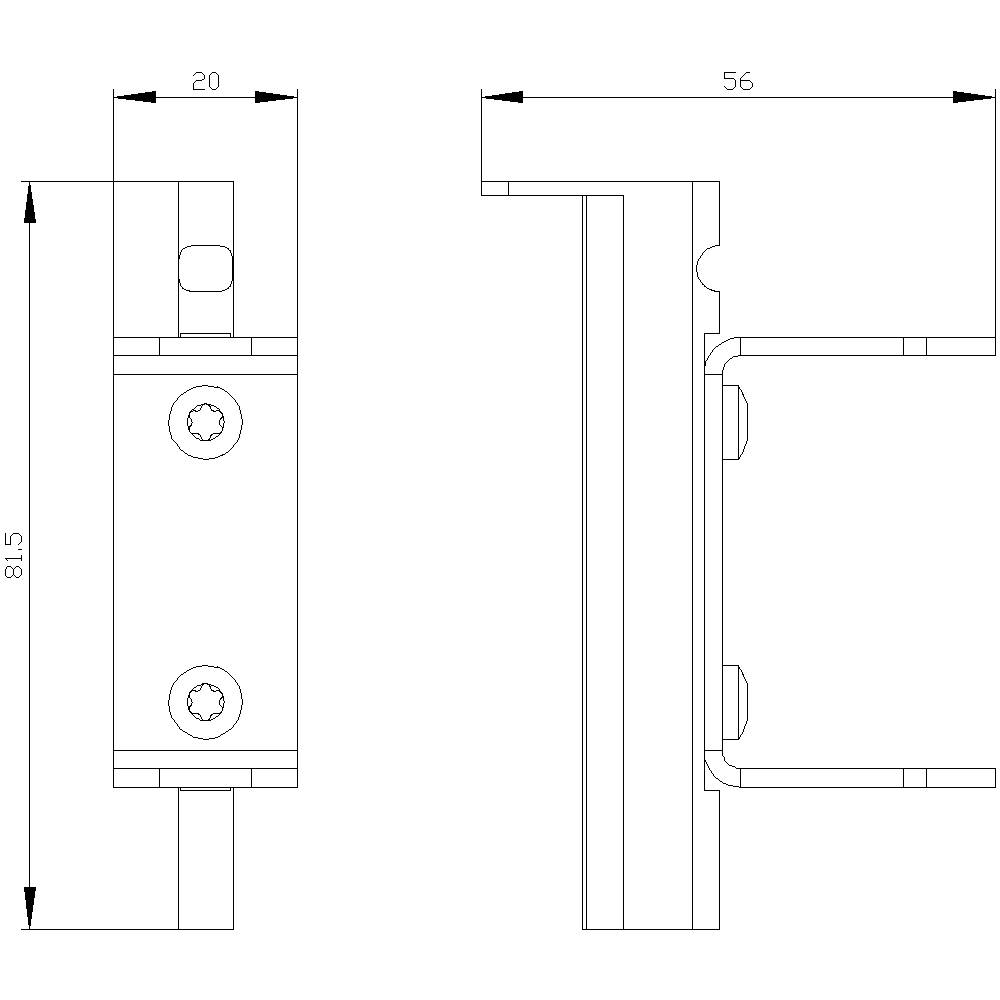 Dessin technique d'un support d'angle avec les dimensions de 20 mm de largeur, 56 mm de profondeur et 81,5 mm de hauteur, incluant les positions des vis.