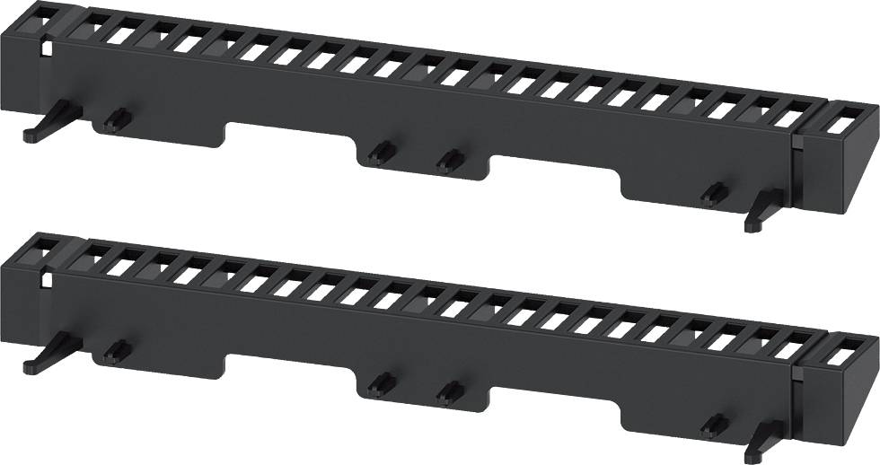 Deux modules de gestion de câbles noirs pour l'organisation des câbles dans les baies, avec des fentes de ventilation et des pattes de fixation.