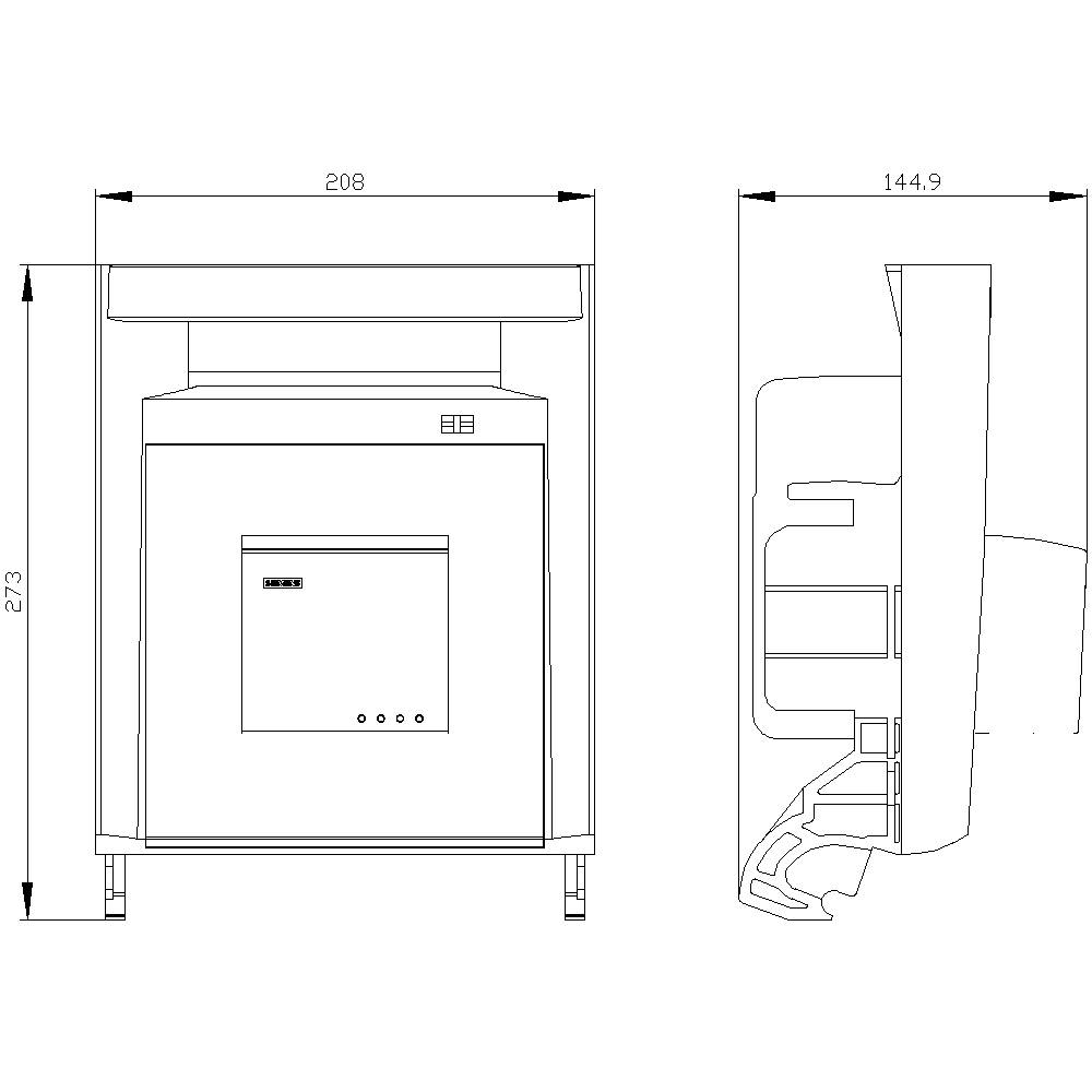 Dessin technique d'une machine à café automatique. Indique les dimensions : largeur 208 mm, profondeur 144,9 mm, hauteur 273 mm. Vue latérale et vue de face.