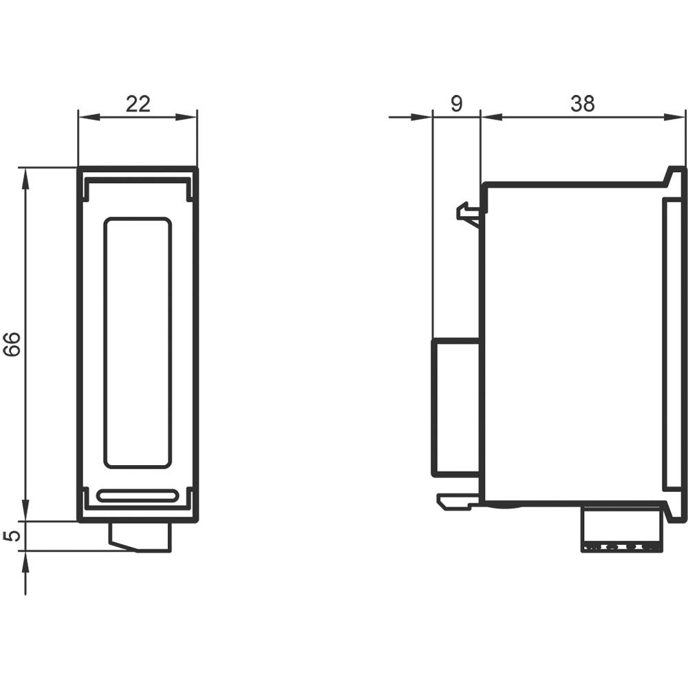 Dessin technique d'un appareil rectangulaire avec les dimensions suivantes : hauteur 66 mm, largeur 22 mm, profondeur 38 mm. Vue de face et de côté.