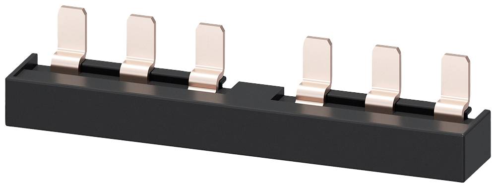 Un connecteur de busbar électrique noir avec cinq doigts de contact couleur cuivre, destiné à la connexion de circuits électriques dans des applications électroniques.
