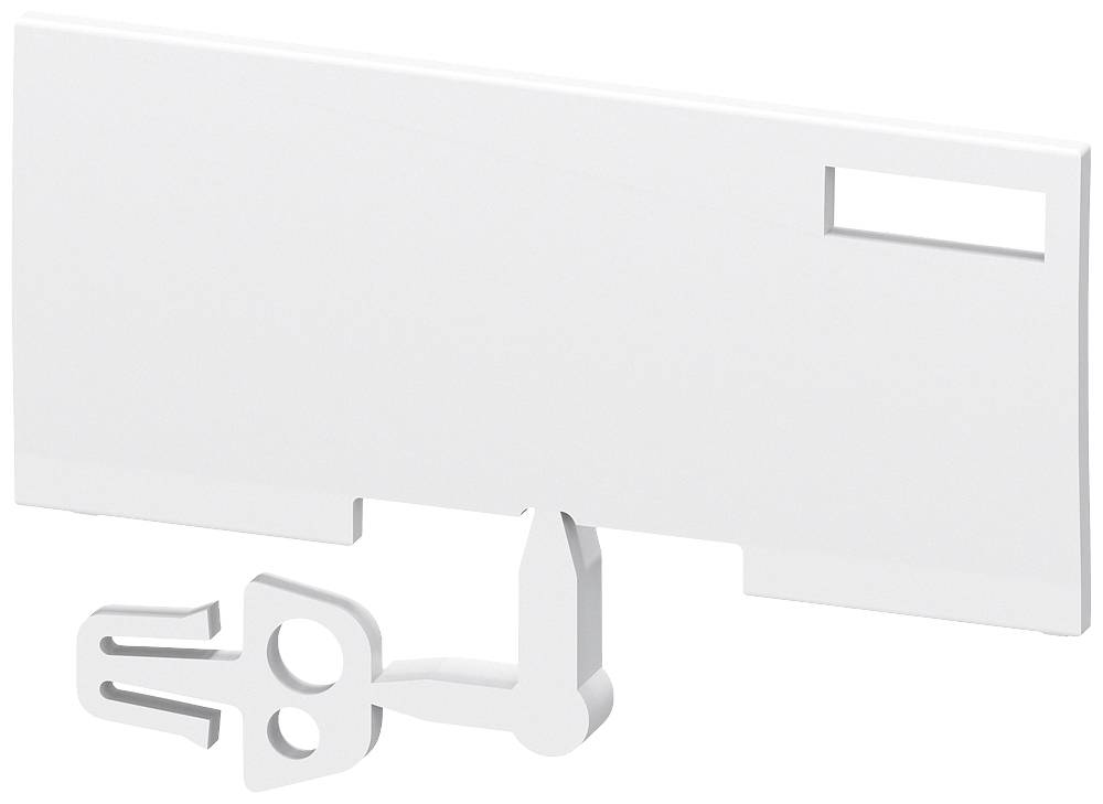 Un support en plastique blanc avec un clip rectangulaire. Il est utilisé pour maintenir des panneaux ou des étiquettes en position verticale.