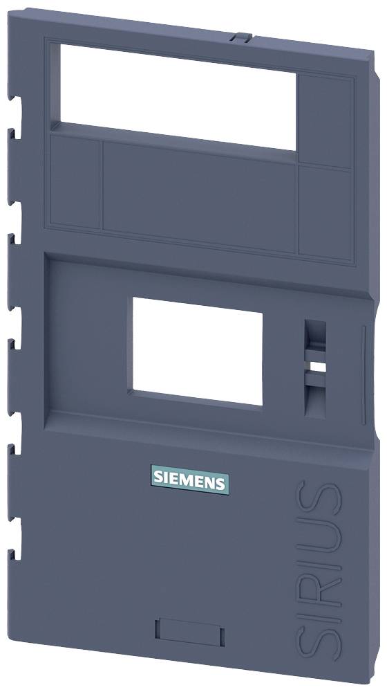 Une plaque rectangulaire en plastique noir portant l'inscription 'SIEMENS SIRIUS', avec des découpes rectangulaires et des clips sur les bords pour la fixation.