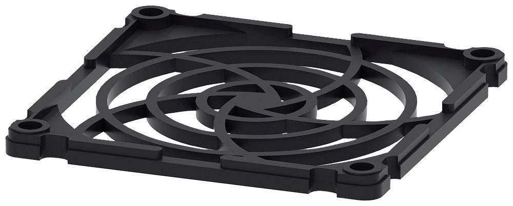 Un grille de ventilateur noir en plastique, carré avec un design en spirale, utilisé comme protection pour les ventilateurs dans les ordinateurs.