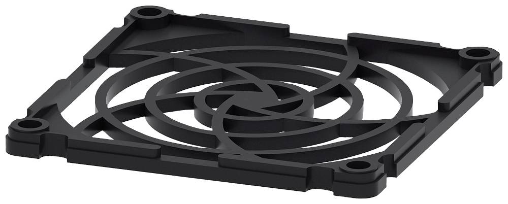 Filtre de ventilateur carré en plastique noir au design spiralé, conçu pour éviter l'accumulation de poussière dans les appareils électroniques.