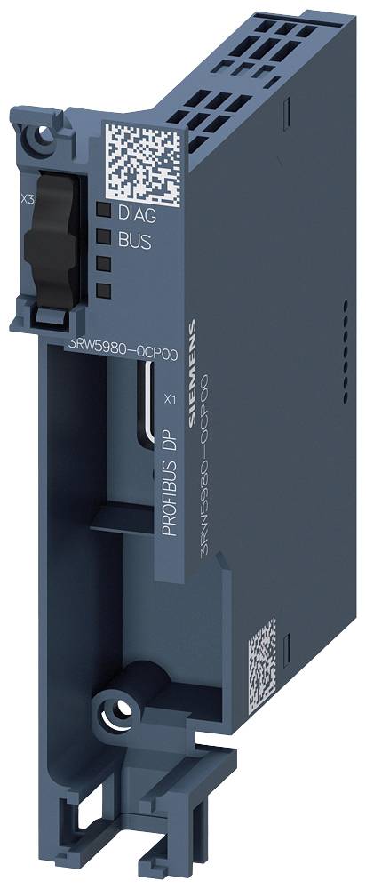Composant industriel de Siemens avec code QR. Inscription : 'DIAG', 'BUS', 'X3', 'PROFIBUS DP'. Configuration modulaire visible.