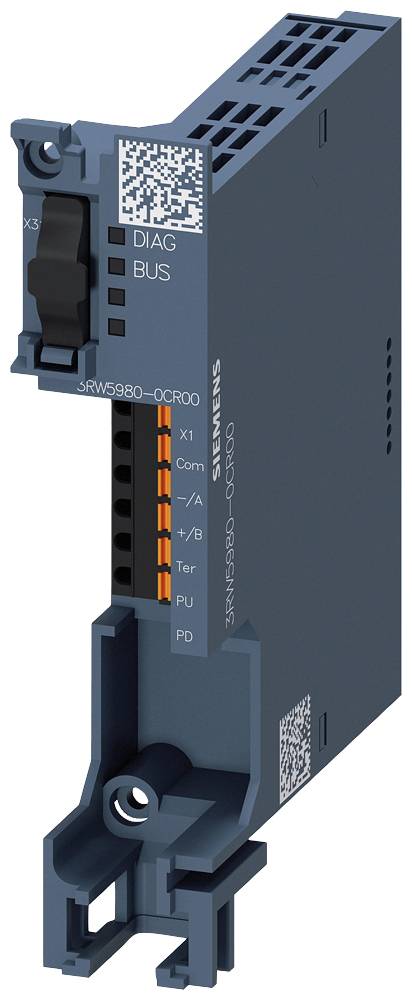 Un module de commande industriel dans un boîtier bleu avec plusieurs connecteurs et codes QR. Marquage : 'DIAG' et 'BUS'.