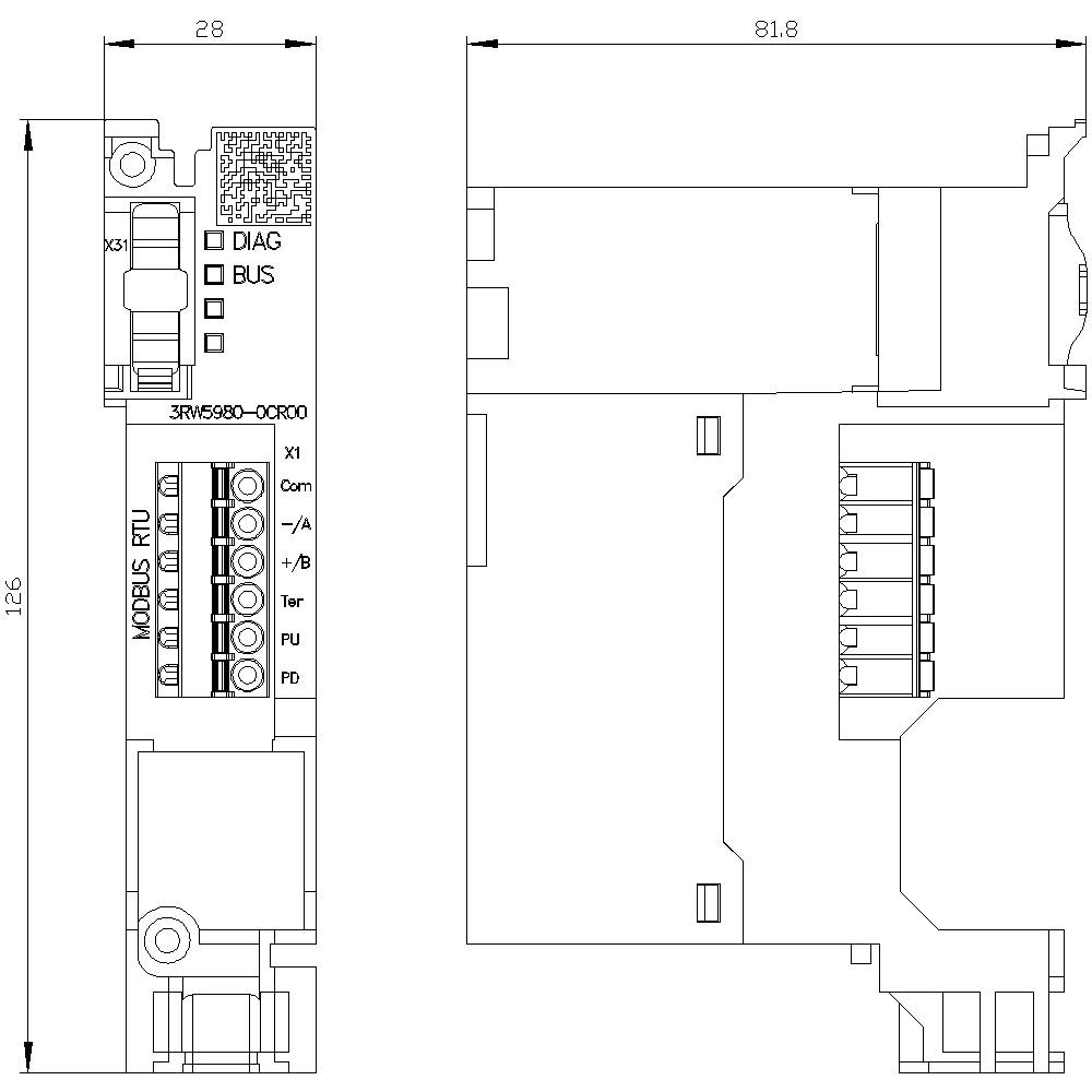 Dessin technique d'un module électronique avec bornes de connexion, annotations pour DIAG, BUS, ModBus RTU et dimensions en millimètres.