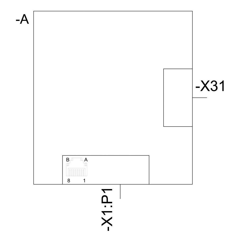 Un plan technique simple montre les connexions '-X1:P1' et '-X31'. Il y a les nombres '8' et '1', ainsi que les lettres 'B' et 'A'.