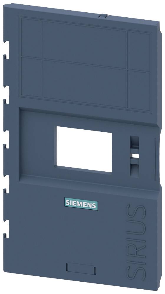 Couverture en bleu foncé portant le logo Siemens et le mot 'Sirius'. Découpe rectangulaire au centre, probablement destinée à un affichage ou un interrupteur.