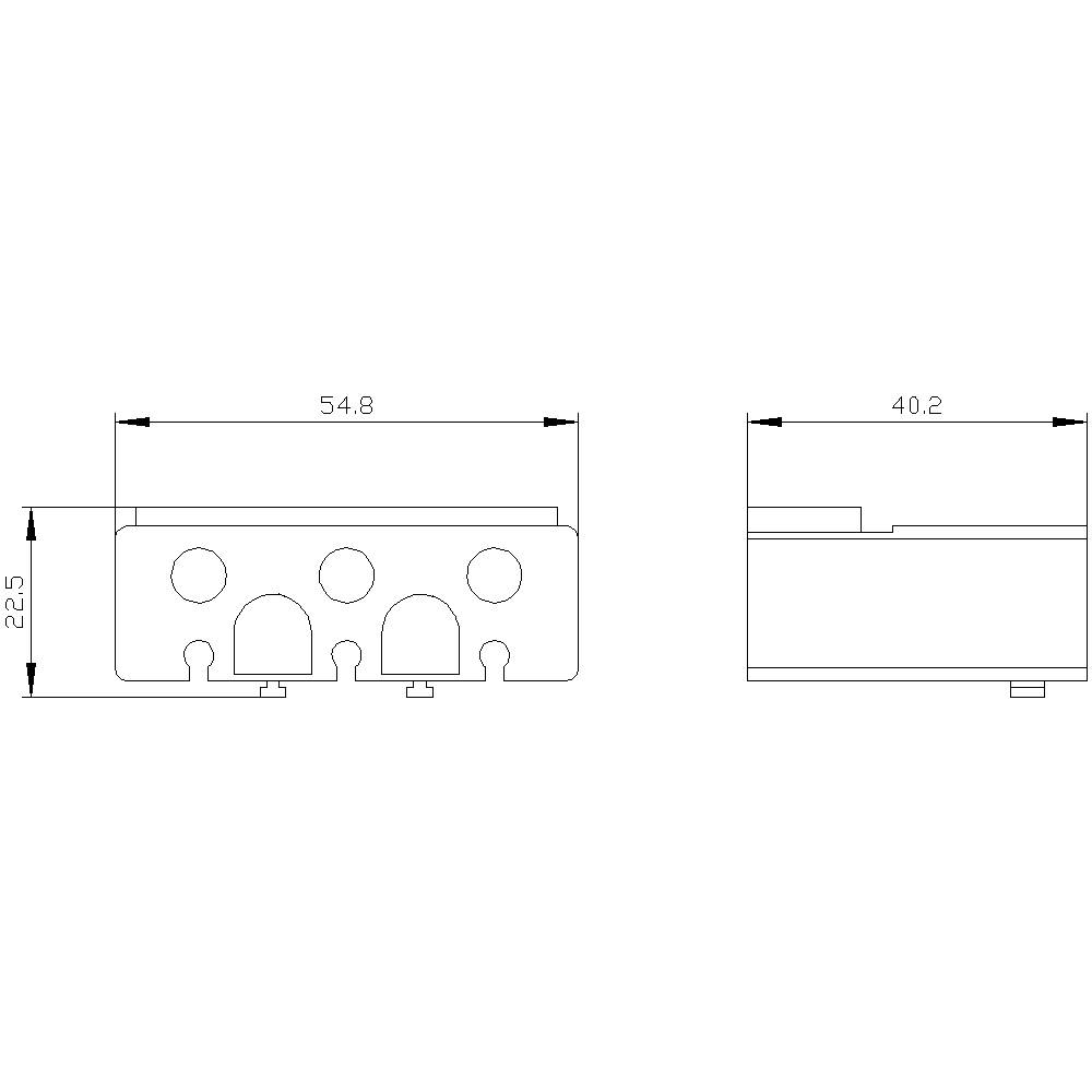 Dessin technique d'un composant rectangulaire avec trois trous et dimensions : largeur 54,8 mm, hauteur 22,5 mm, profondeur 40,2 mm.